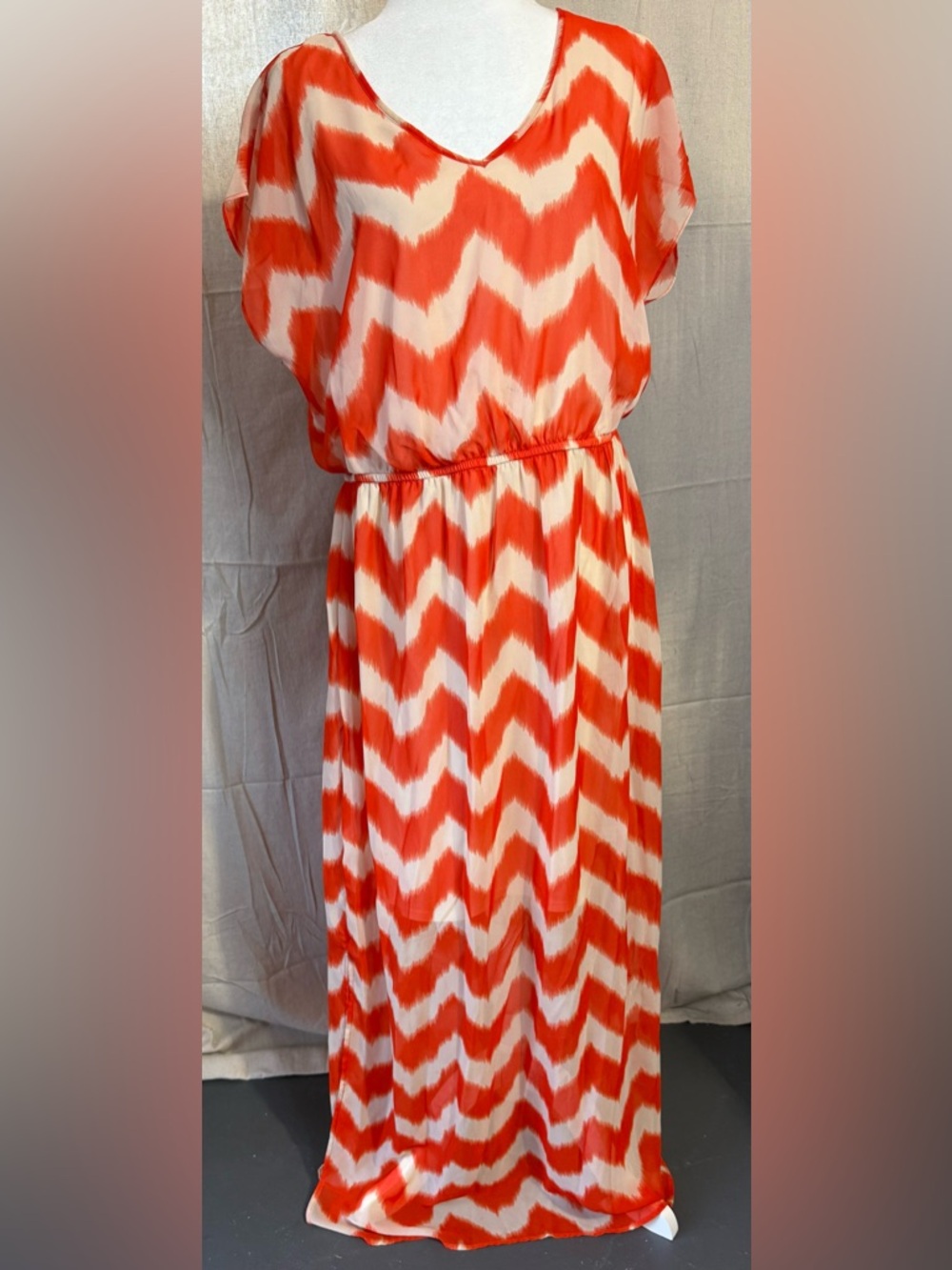 AGB Orange and White Chevron Maxi Dress 
PTP 23, waist 16. Can stretch to 20
